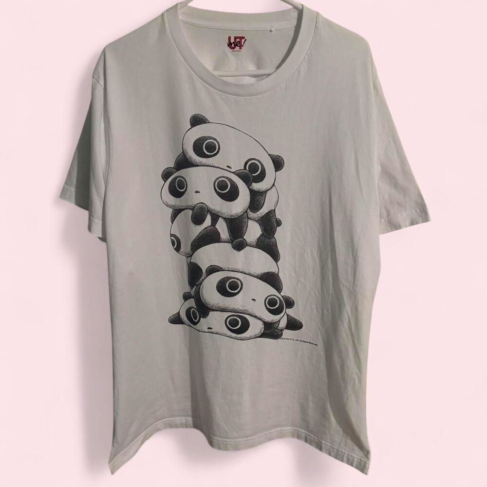Uniqlo t-shirt unisex XL white panda stack cute graphic tee top